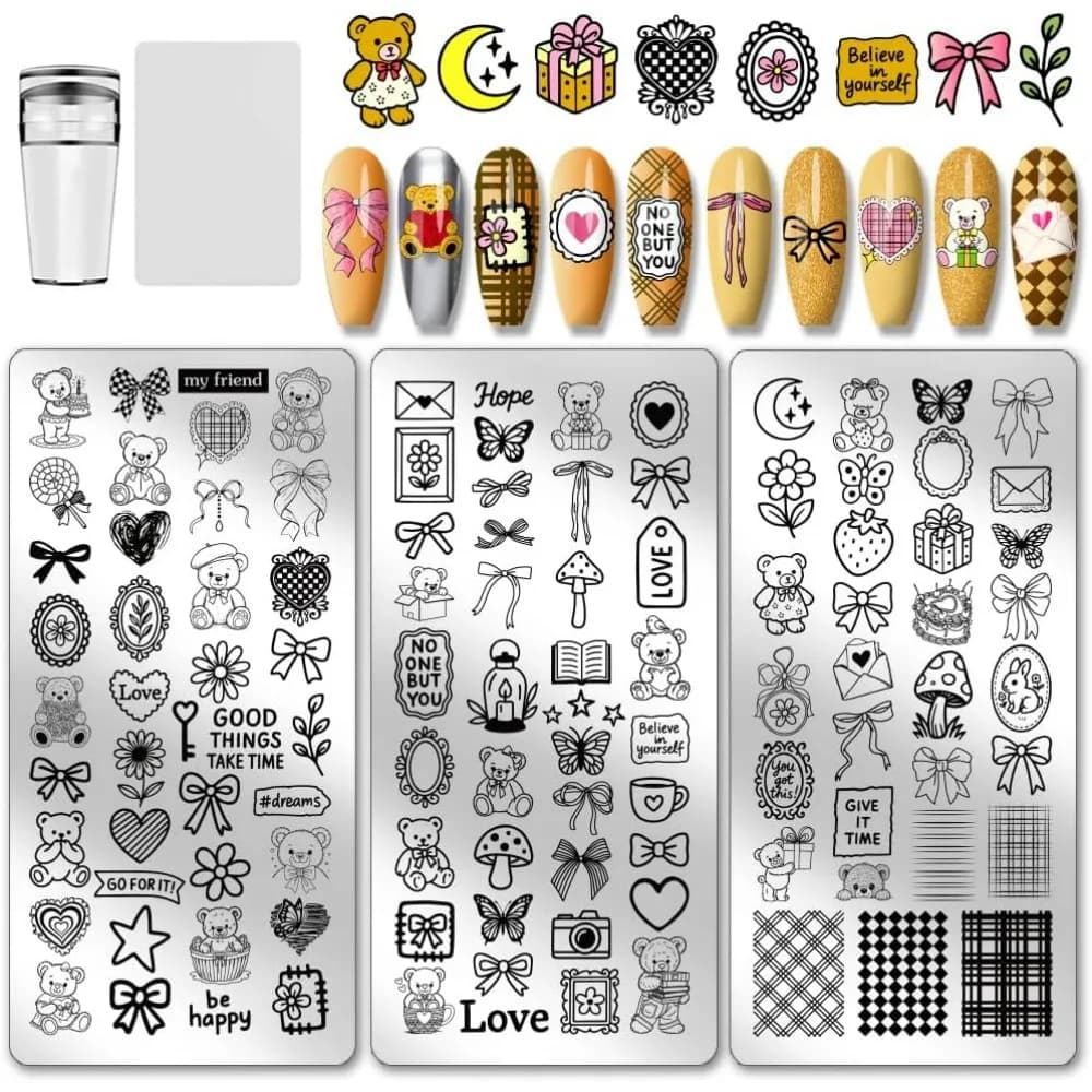 Set of 3 Nail Stamping Plates with Bearing Patterns, Flakes, Hearts, Butterflies, Fruits and Mushrooms, Nail Art Stencils, Soft and Graceful Manicure Models