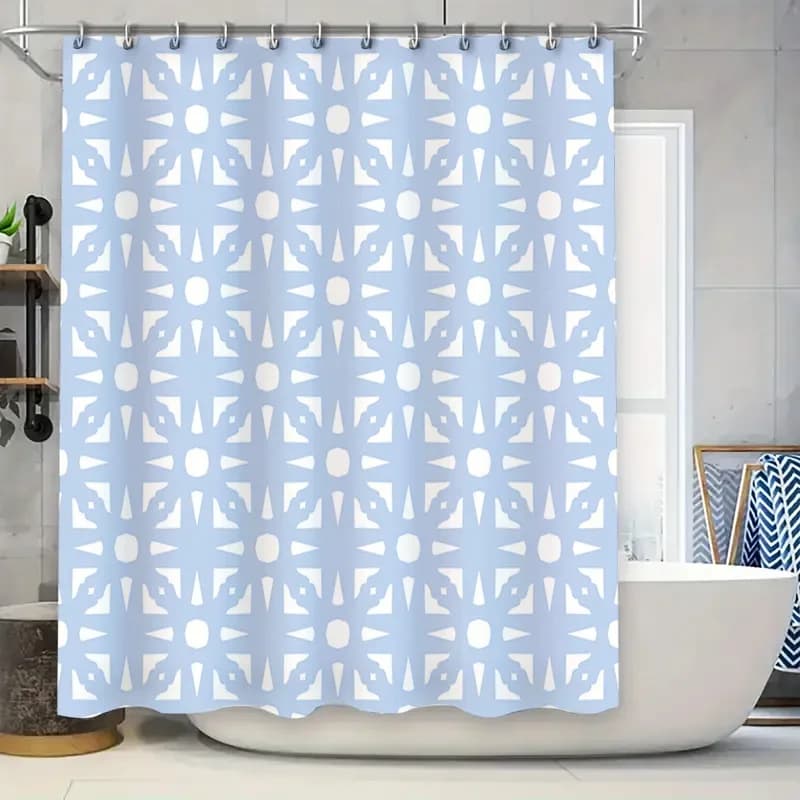 Tenda da doccia bianca blu con motivo a fiocco di neve, perfetta per l'arredamento del bagno, dimensioni extra lunghe per vasca da bagno o doccia stand-up