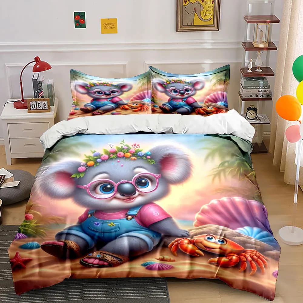 Cute koalas and crabs on the beach Printed Duvet Cover Set1 Duvet Cover+2 PillowcaseMulti Size Bedroom Bedding Decoration