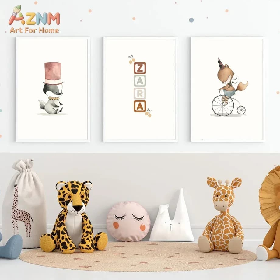 AZNM Frameless Canvas Poster Watercolor Circus Fox Badger Custom Name Block Print, Cute Cartoon Animal Wall Art Picture for Baby