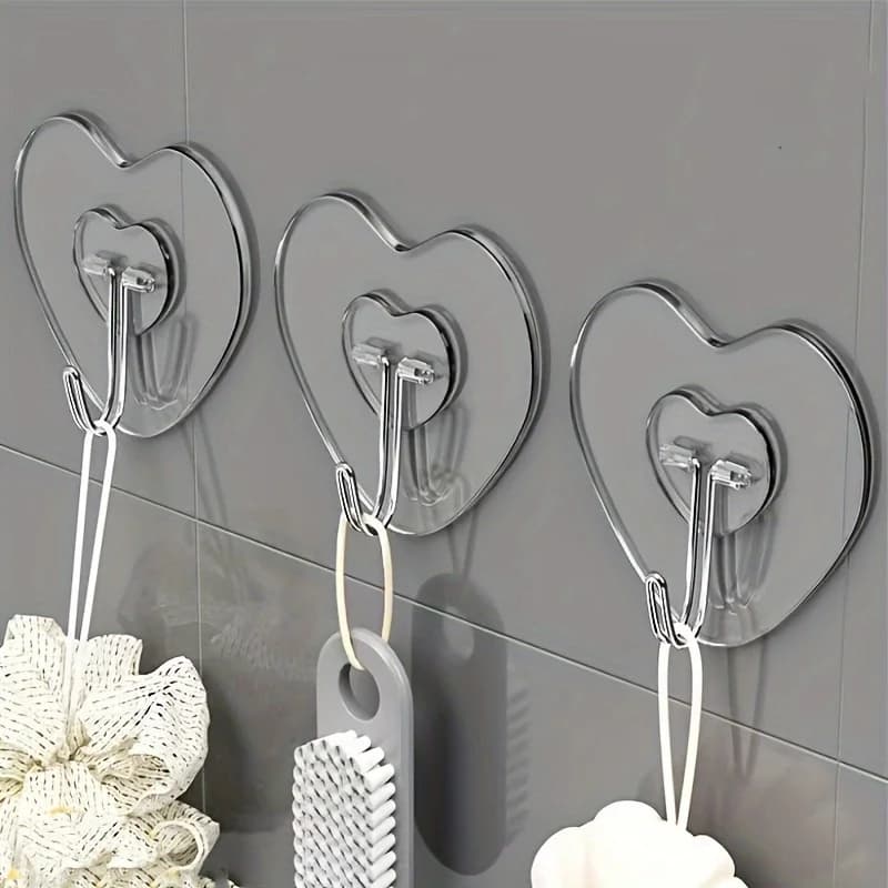 10-Pack Large Heavy-Duty Adhesive Hooks, No-Drill Clear Plastic Suction Cups, Thickened Heart-Shaped