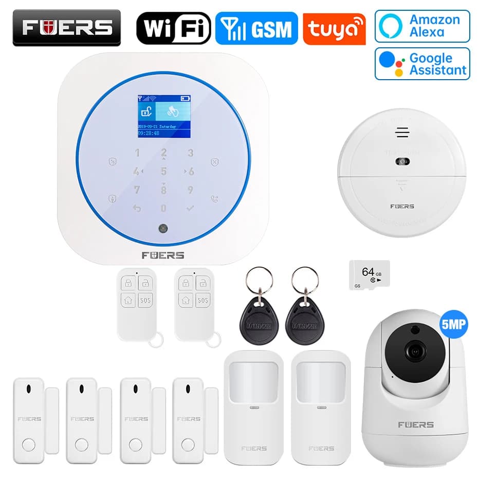 FUERS Tuya WIFI GSM Wireless Home Business Sistema di allarme di sicurezza antifurto Sirena di controllo Rilevatore di movimento RFID Sensore di fumo PIR
