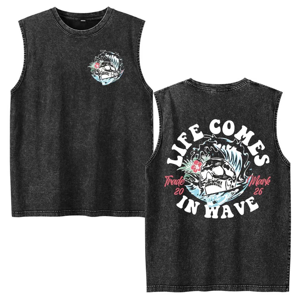 Life Comes in Waves Skeleton Graphic Vintage Washed Vest T-shirt Men's Clothing Gothic Sleeveless Tank Tops T-shirts Streetwear