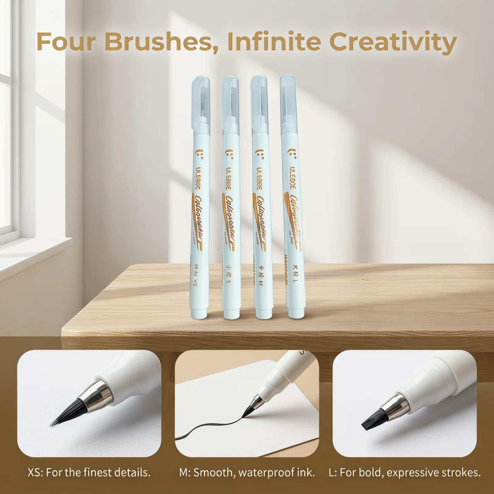 4 Sizes Black Ink Calligraphy Brush Pen Set, Hand Lettering Markers for Drawing & Sketching, Artist Art Supplies