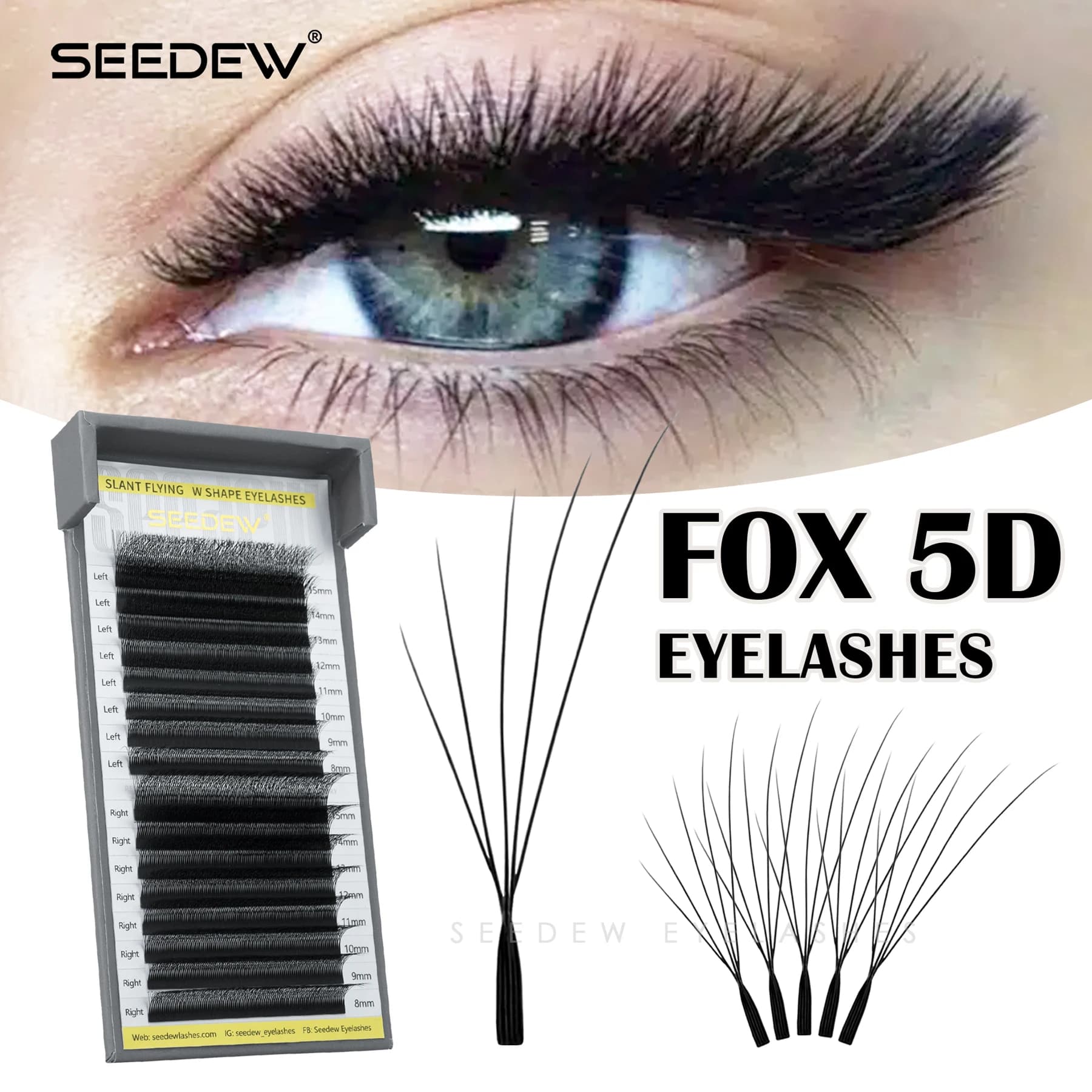 SEEDEW Fox 5D Extension Ciglia a W Serie Air, Ciglia Finte Morbide Naturali Volume Effetto Volpe, Ciglia Finte Inclinate Effetto Volante
