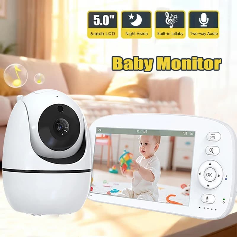 Monitor video per bambini da 5,0 pollici con telecamera a 360° ° Telecamera Panoramica Pan-Tilt con Audio Bidirezionale, Visione Notturna, Sicurezza e Funzione Ninna Nanna