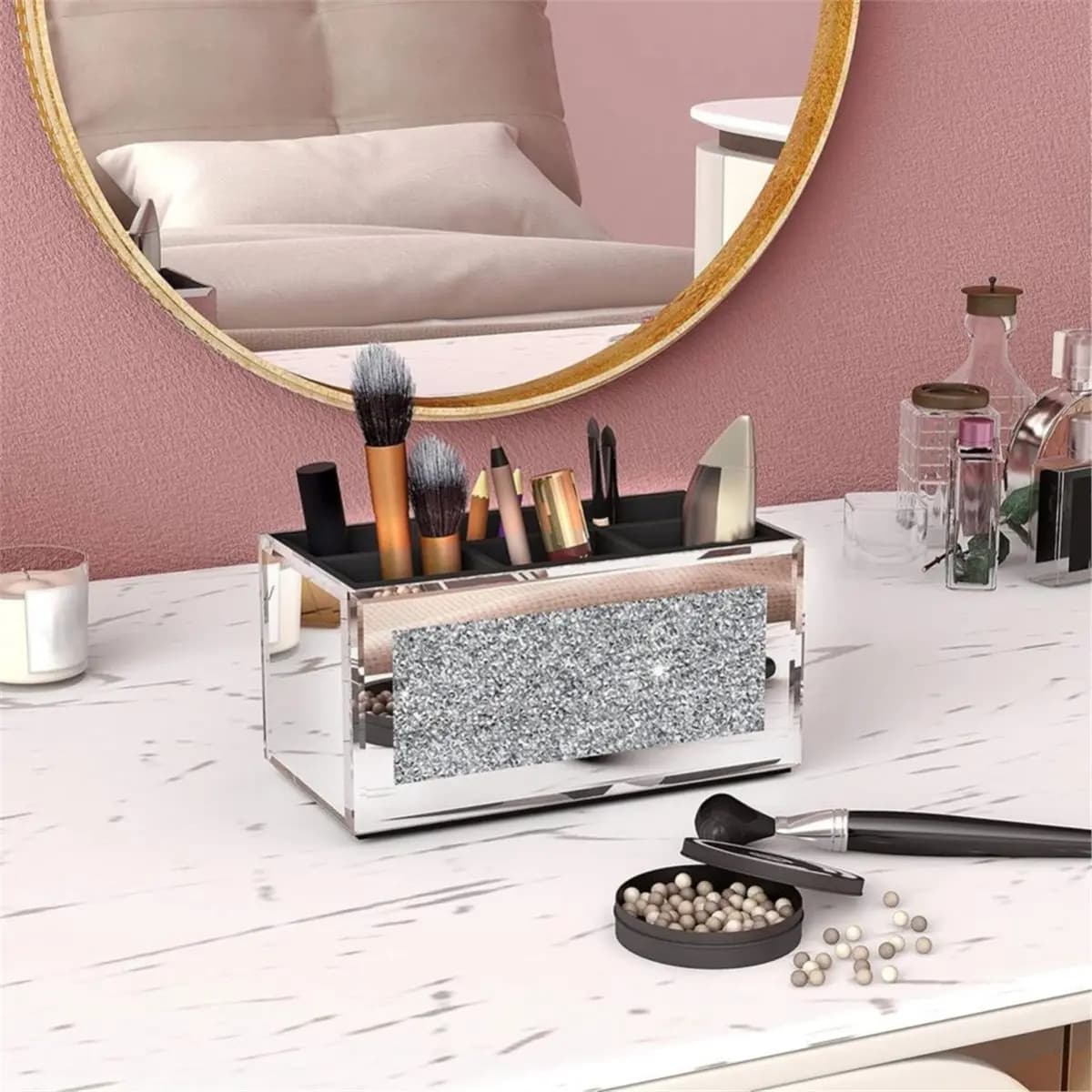 Organizzatore per Pennelli da Trucco Salvaspazio con Specchio a 3 Scomparti e Contenitore per Cosmetici