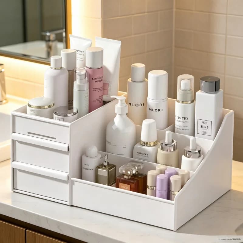 1pc White Drawer Makeup Storage Box Plastic Cosmetic Organizer Desktop Dressing Table Dormitory Storage Shelf