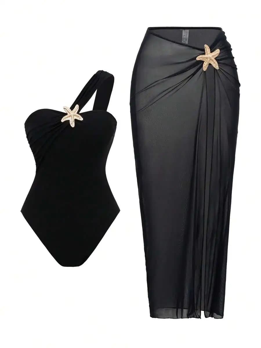 Black One-Piece Swimsuit With Star Decoration And Sheer Skirt Set For Women