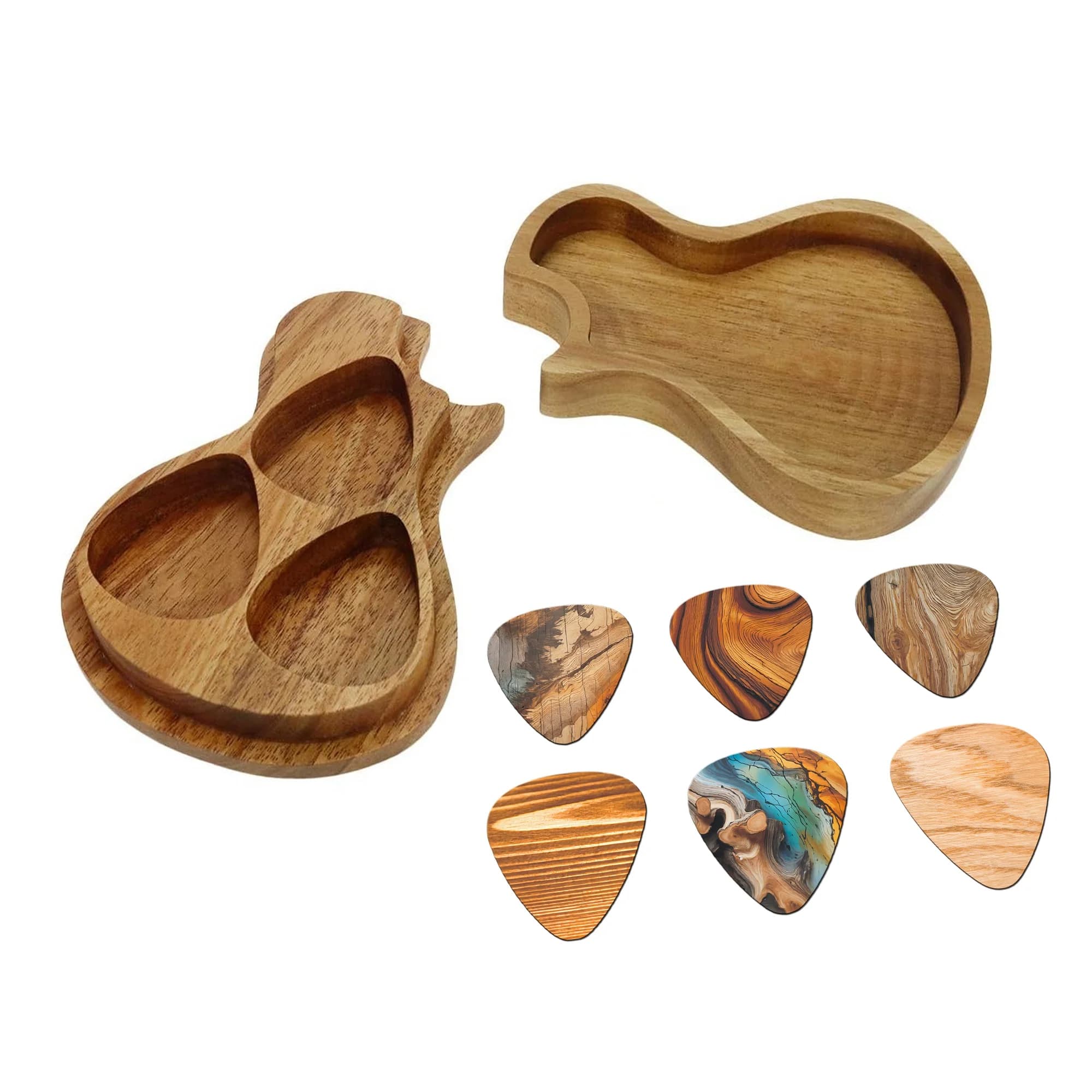 Set di scatole portaoggetti in legno per plettri per chitarra - 6 plettri per chitarra con motivo in legno stampato fronte-retro, regalo ideale per chitarristi,
