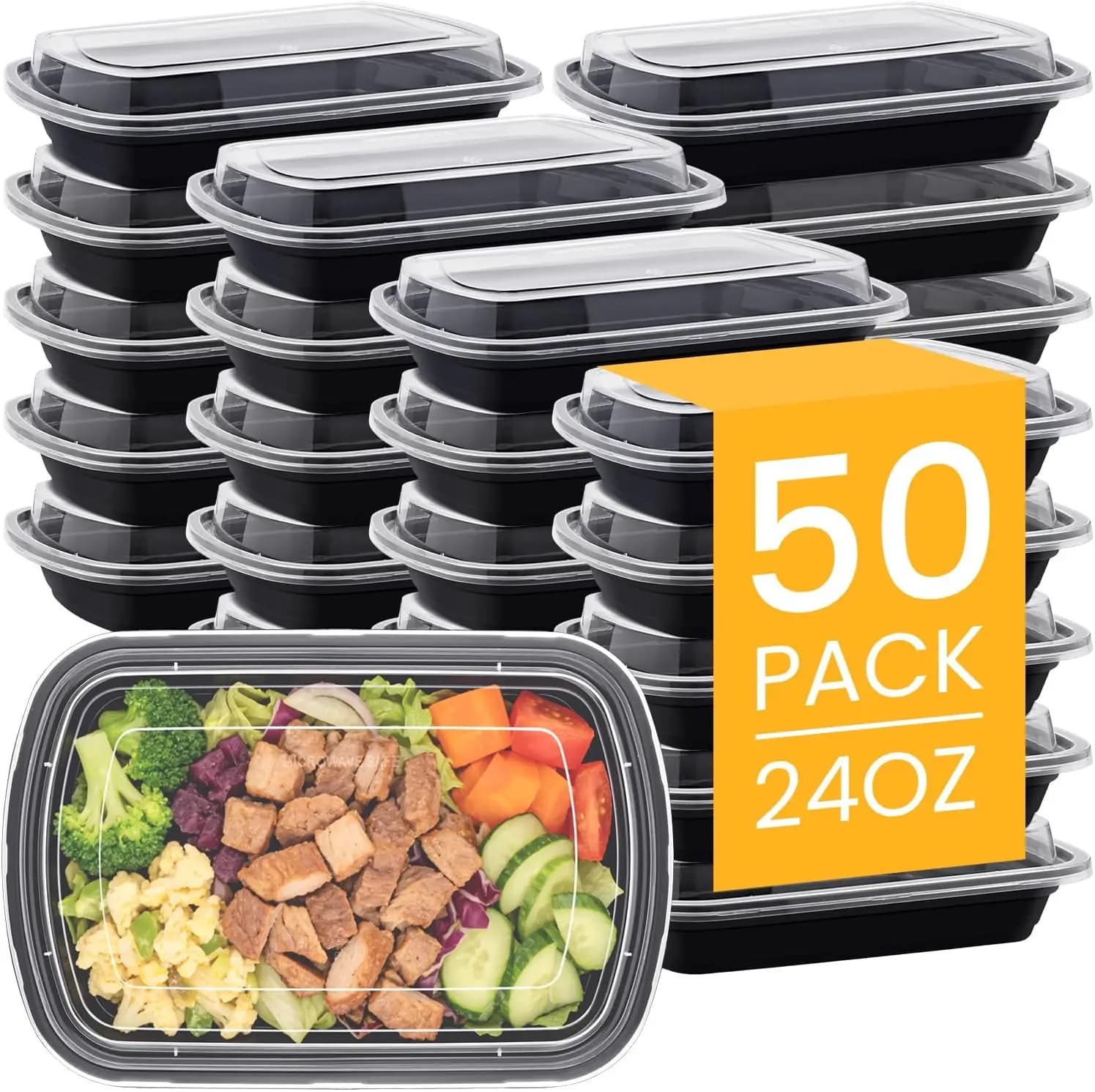 Contenitori per la preparazione dei pasti da 24oz, confezione da 50, 1 scomparto con coperchi, contenitori per la conservazione degli alimenti, robusti, a tenuta stagna e adatti agli alimenti, per microonde.