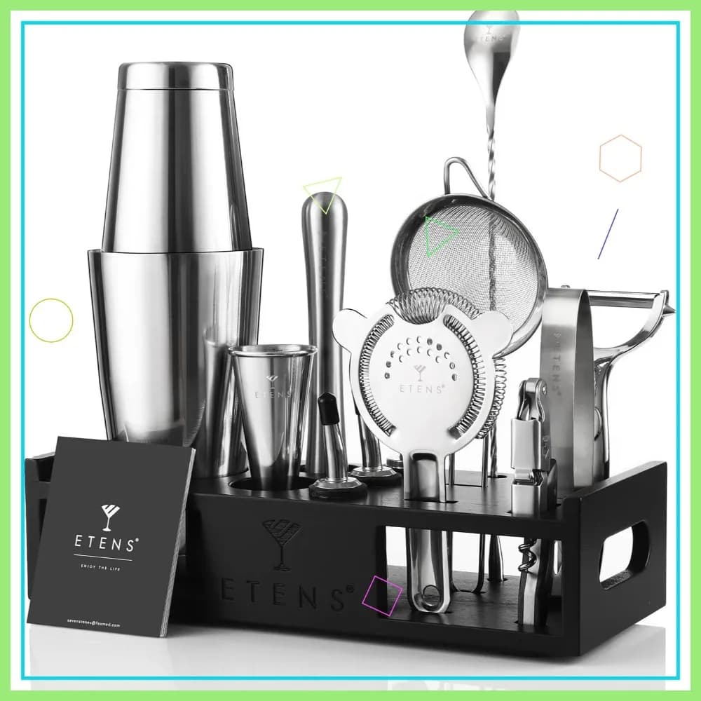 Set da Cocktail 15 Pezzi con Supporto in Legno: Shaker Boston, Jigger, Colino, Apribottiglie e Cucchiaio per Mixology Domestica