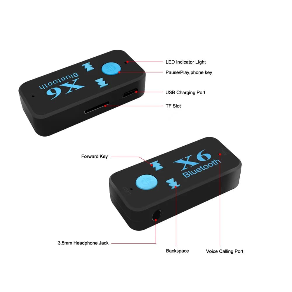 Ricevitore Bluetooth Universale X6 V4.1 con Supporto Scheda TF, Chiamate in Vivavoce, Lettore Musicale per Auto, Ingresso/Uscita AUX, Lettore MP3