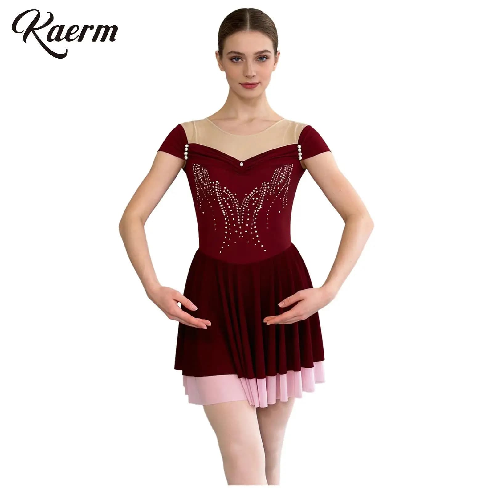 Abito da Pattinaggio Artistico per Donne, Costume da Danza Contemporanea Lirica con Strass, Maniche Corte in Rete, Body da Ginnastica e Balletto