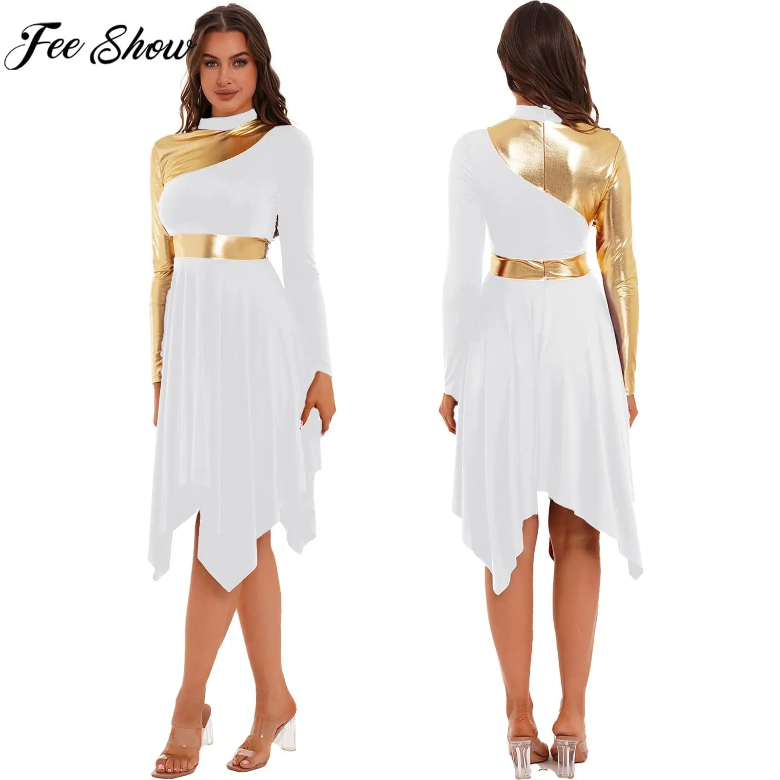 Modern operatic dance dress for women, waltz, ballroom, dance costume, church choir, cult dress, long sleeve, shiny