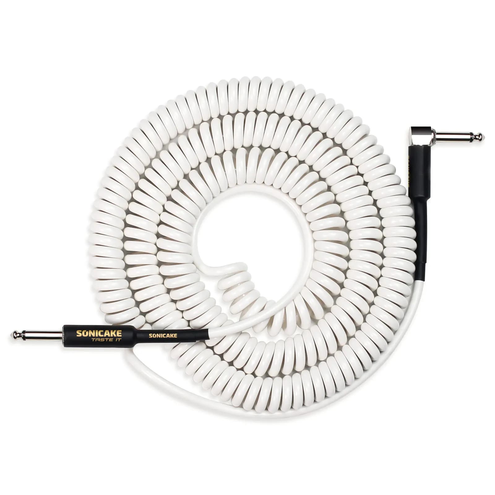 Cavo per chitarra bobina SONICAKE 32 piedi/10 m cavo riccio a spirale per strumento per chitarra basso da 1/4 di pollice ad angolo retto a dritto bianco QGC-50