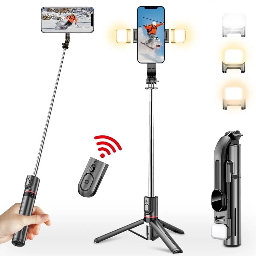 Selfie Stick, 45'' Extendable Selfie Stick Tripod with Bluetooth Remote and 2 Fill Light, 360°Rotation Portable Phone Tripod fo