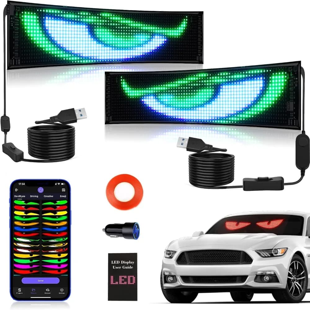 Luce a LED Devil Eyes per auto Display a LED a scorrimento flessibile Controllo app Luci dinamiche per occhi con testo modello fai-da-te per parabrezza per auto