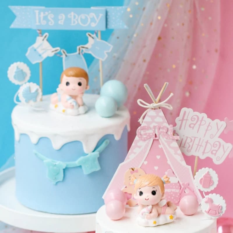 Decorazione per torta rivela il genere Blu Rosa Toppers per torta per bambina e neonato Passeggino per biberon Buon compleanno Cupcake Topper Cottura