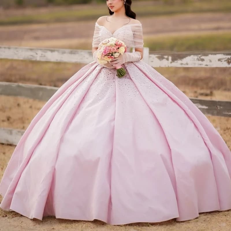 Abiti Quinceanera rosa con spalle scoperte Perline Tull di cristallo Festa di compleanno Dolce 16 Dres Abiti 15 De Anos