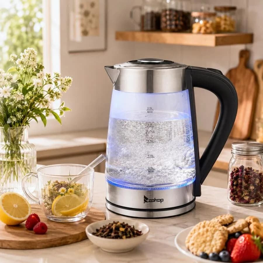 Bollitore Elettrico in Vetro da 2,5L con Luce LED, Bollitore Senza Fili a Riscaldamento Rapido, Spegnimento Automatico, Elettrodomestico da Cucina