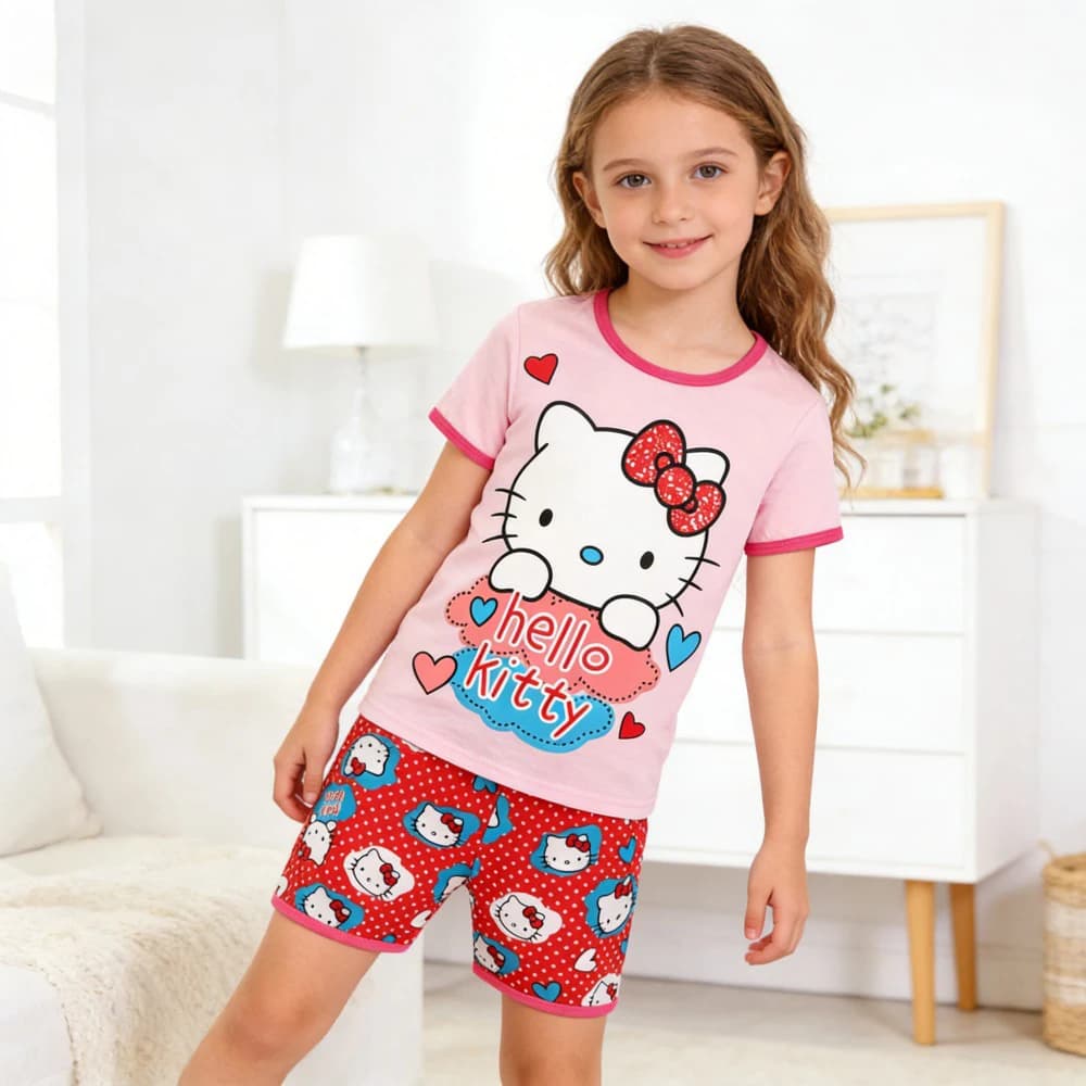 Pigiama in cotone per bambine, estivo, Hello Kitty, set di abbigliamento da notte carino, set di abbigliamento a maniche corte per bambini, pigiami per neonati, camicie da notte