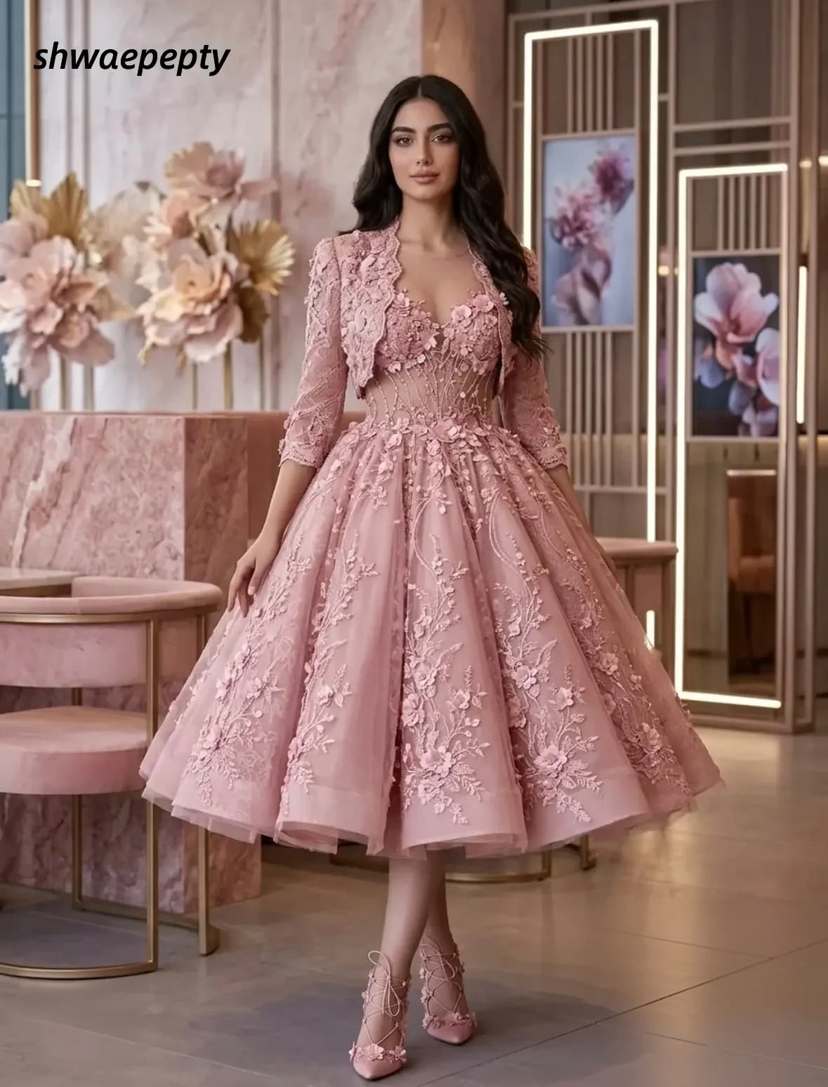Pink Corset Tea Length Prom Dress With Lace Bolero Jacket 3D Floral Appliques Evening Gown Formal Party Dresses Customized