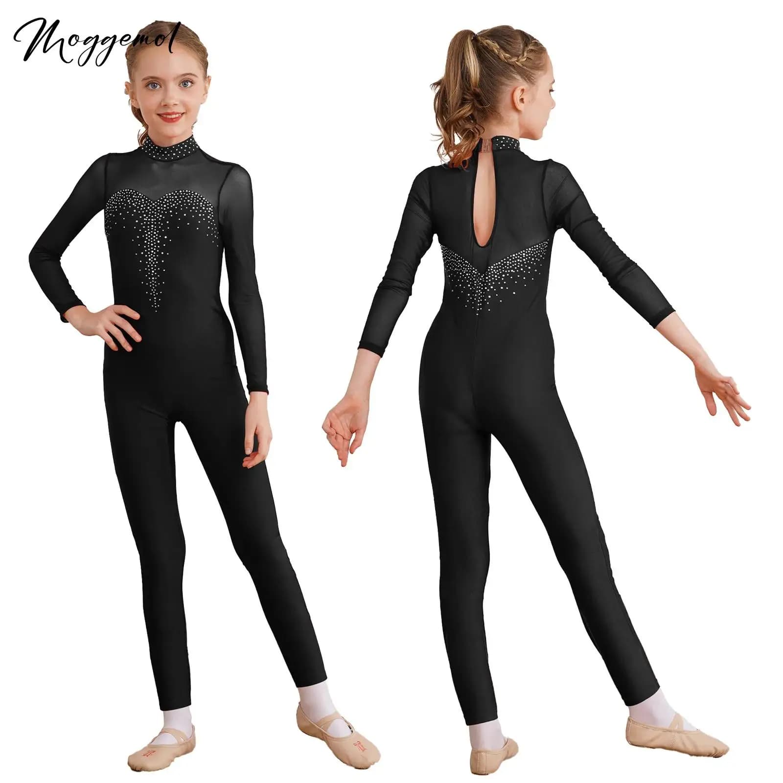 Body da ginnastica per balletto per ragazze, pattinaggio di figura, costume da ballo, buco della serratura sul retro, manica lunga, tuta unitard con strass lucidi