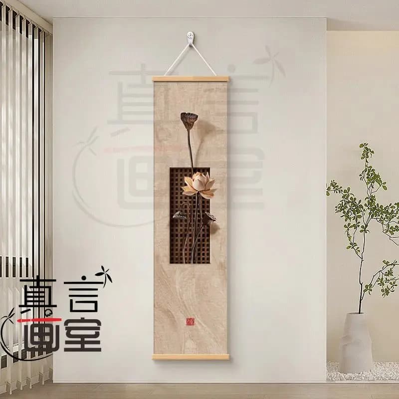 Zen Dry Landscape Lotus Scroll Tapestry Wall Hanging, Vertical Buddhist Meditation Art for Tea Room Corridor House Decor