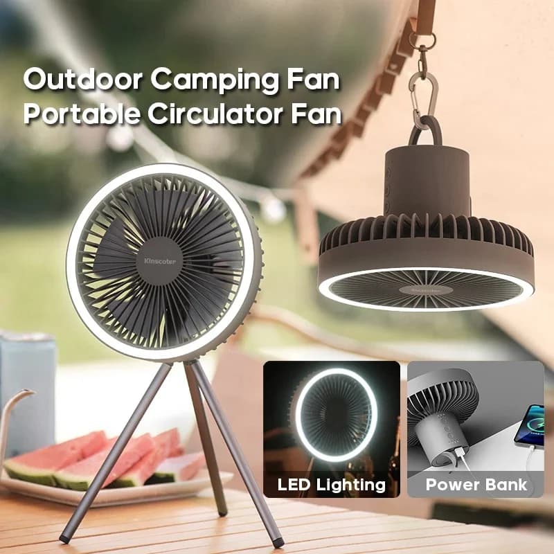 Ventilatore da Campeggio Portatile con Illuminazione LED, Ventilatore da Soffitto Elettrico Multifunzionale per Esterni, Ventilatore da Tavolo Ricaricabile USB Senza Fili