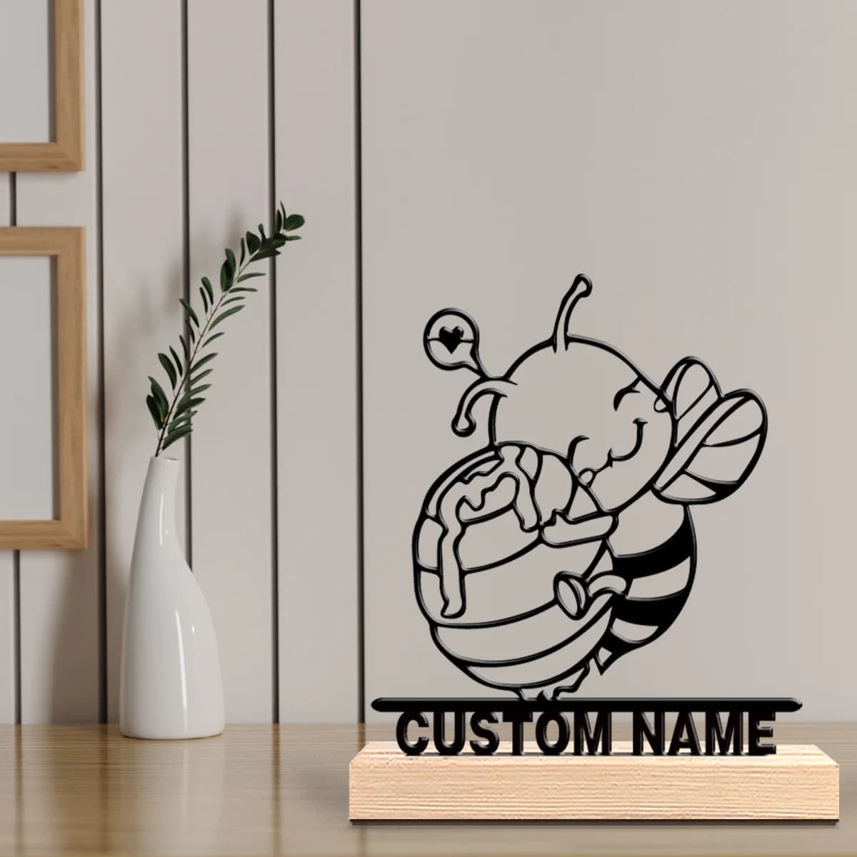 1 pz. Nuovo Design Personalizzato: Arte in Metallo con Api e Vasi di Miele, Base in Legno, Decorazione da Tavolo, Base in Legno Cosmica