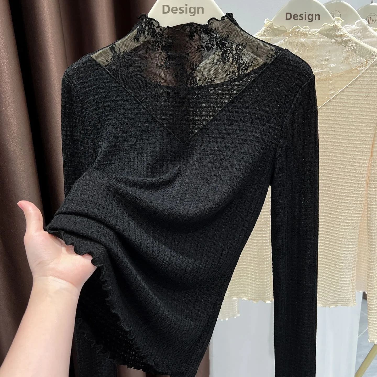 Lace Splice Long Sleeve T-Shirt Women's Base Shirt 2025 Autumn Winter New Half High Collar Design Slim Fit Inner Wear Top