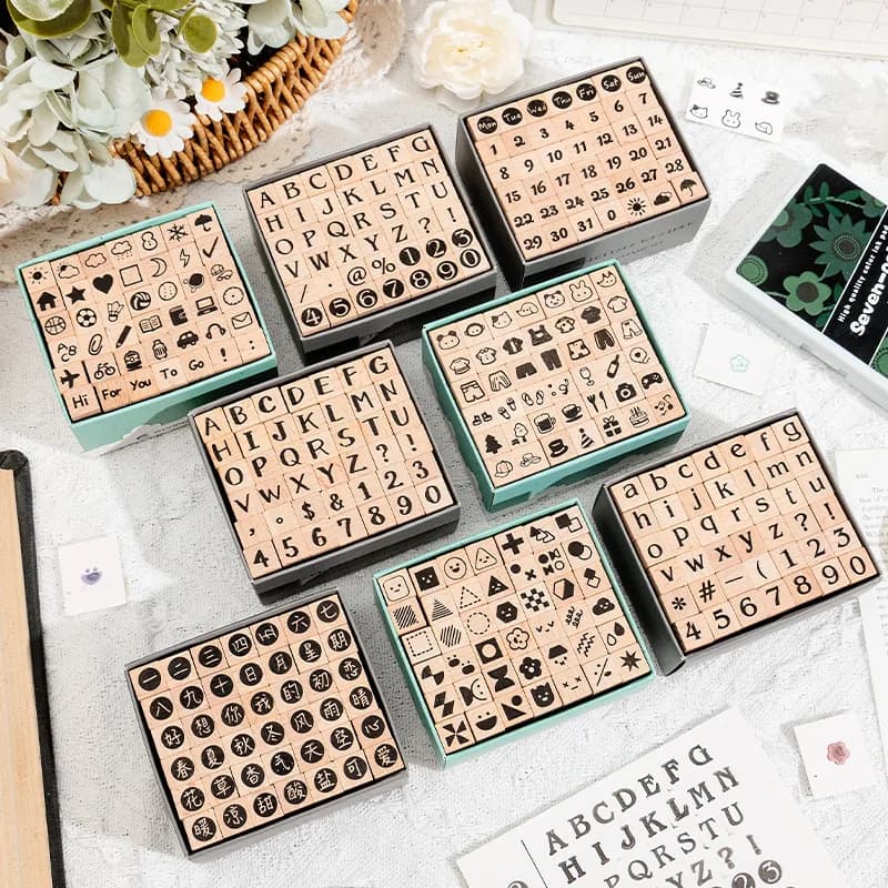 42 Wooden Seals with Numbers, Letters, Geometric Figures, Small Expressions, Happy Party Series Handbook Seals