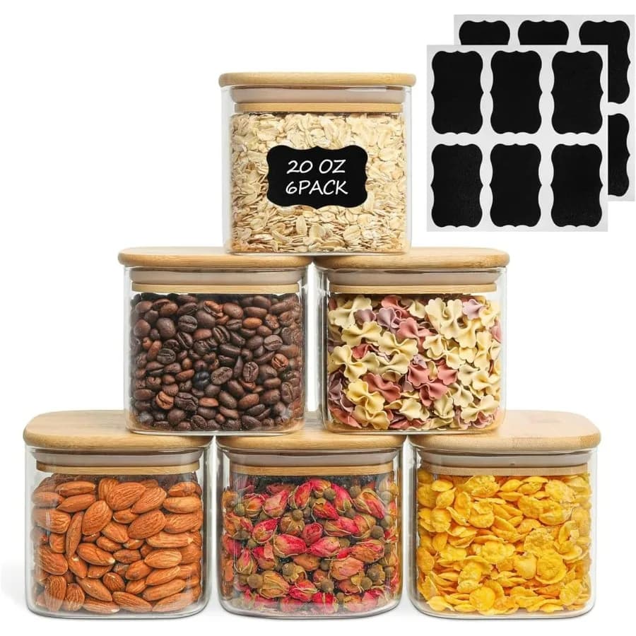 Set di 6 vasetti per alimenti in vetro da 0,6 Qt, contenitori trasparenti con coperchi ermetici, barattolo per l'organizzazione della dispensa, barattolo per spezie, Bloomi