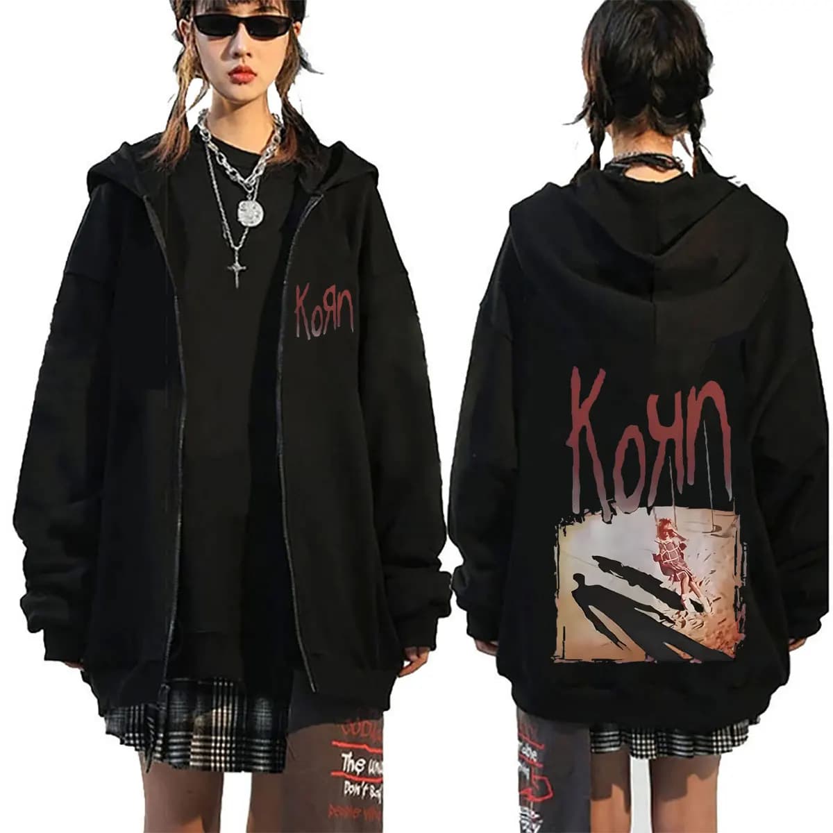 Rock Band Korn Album Zipper Hoodie Men Women Retro Alternative Metal Zip Up Jacket Men's Gothic Oversized Zip Up Sweatshirt Coat