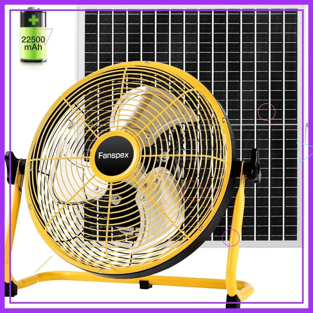 Ventilatore da pavimento solare ricaricabile da 12 pollici per esterni, alimentato a batteria con pannello solare da 35W, 360° ° Supporto Inclinabile per Gazebo da Giardino e Campeggio