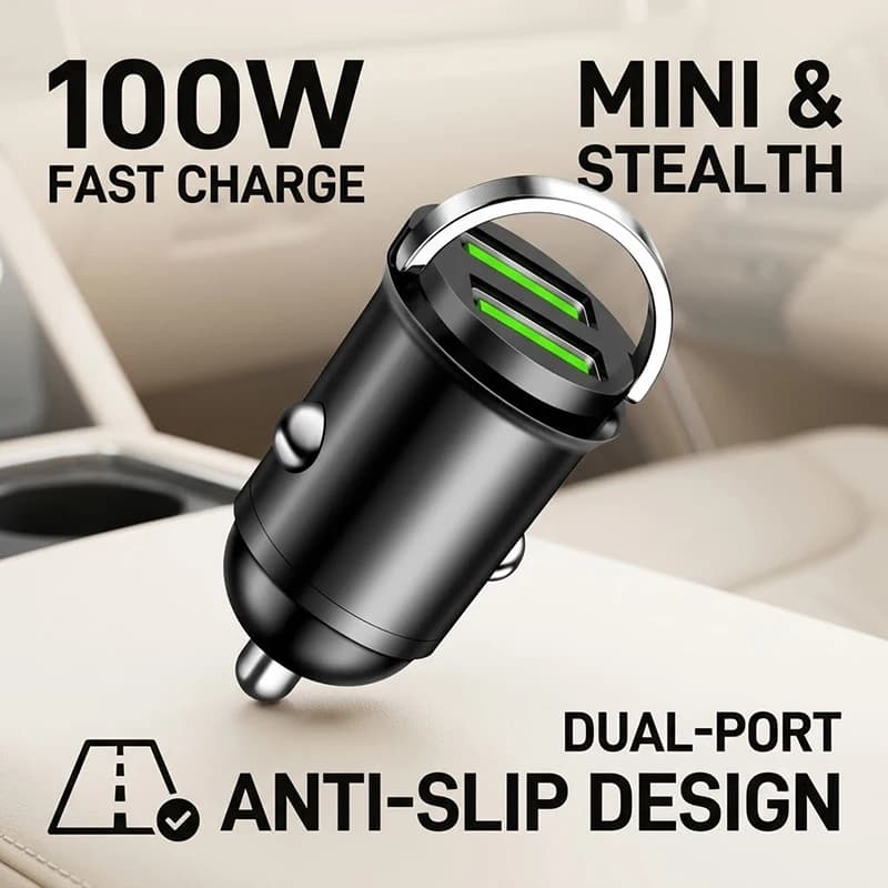 100W Mini Car Charger Flush Fit Dual Port Fast Charging Adapter With Pull Ring All Metal Body Works For iPhone 17 16 For Android