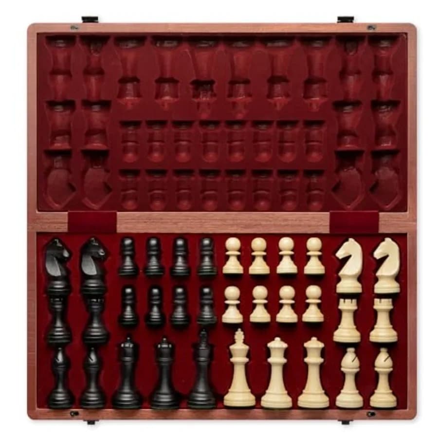 Set di scacchi da viaggio portatile con scacchiera pieghevole in mogano naturale da 19 pollici e pezzi Staunton da 3,75 pollici, inclusi 2 pezzi extra.