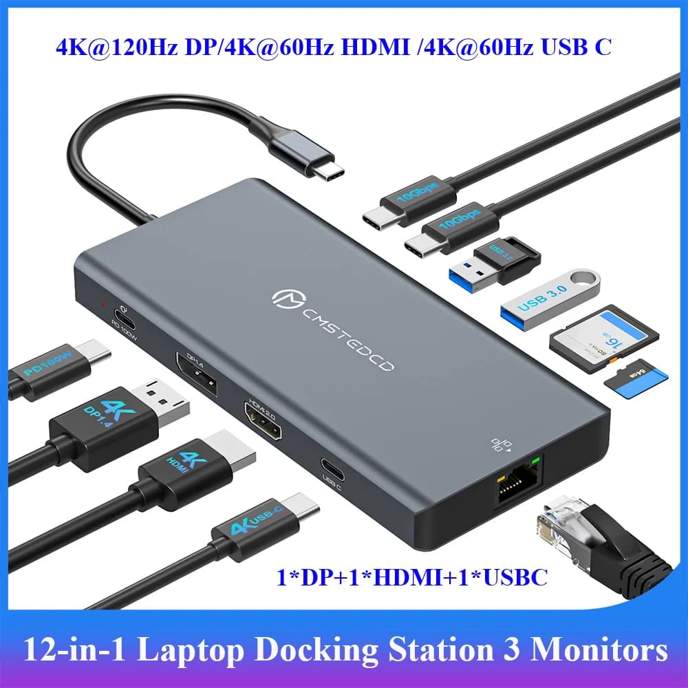 Docking Station per Laptop 4K, 12 in 1 con Uscita Video USB C per Monitor Multipli, Porte USB A 3.0, USB C 3.2 10Gbps, 100W PD, SD/TF