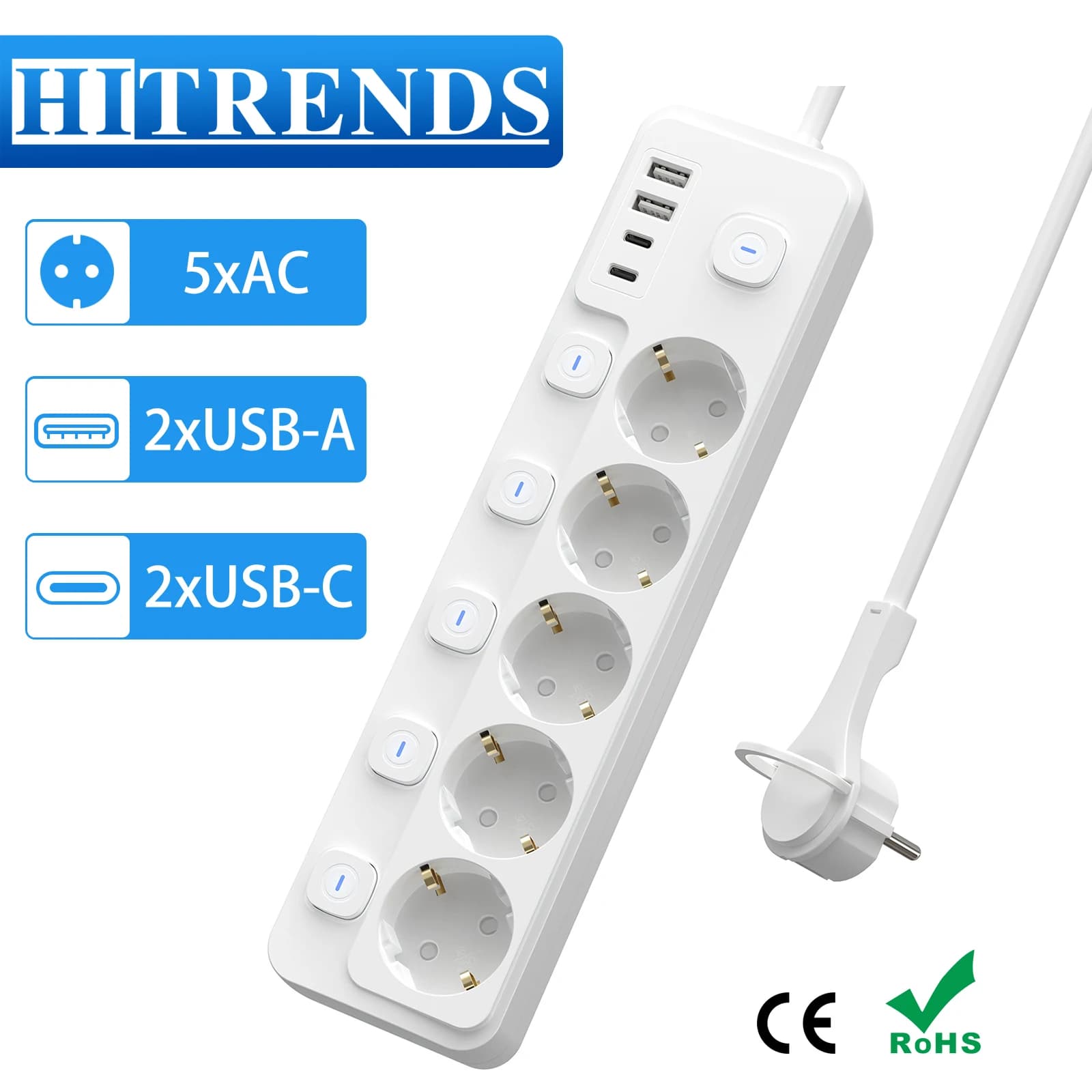 EU Multi-Plug Power board with 5 Outlet 2 USB-A 2 USB-C fast charging, Power Strip with Individual Switch, 2m Extension Cord