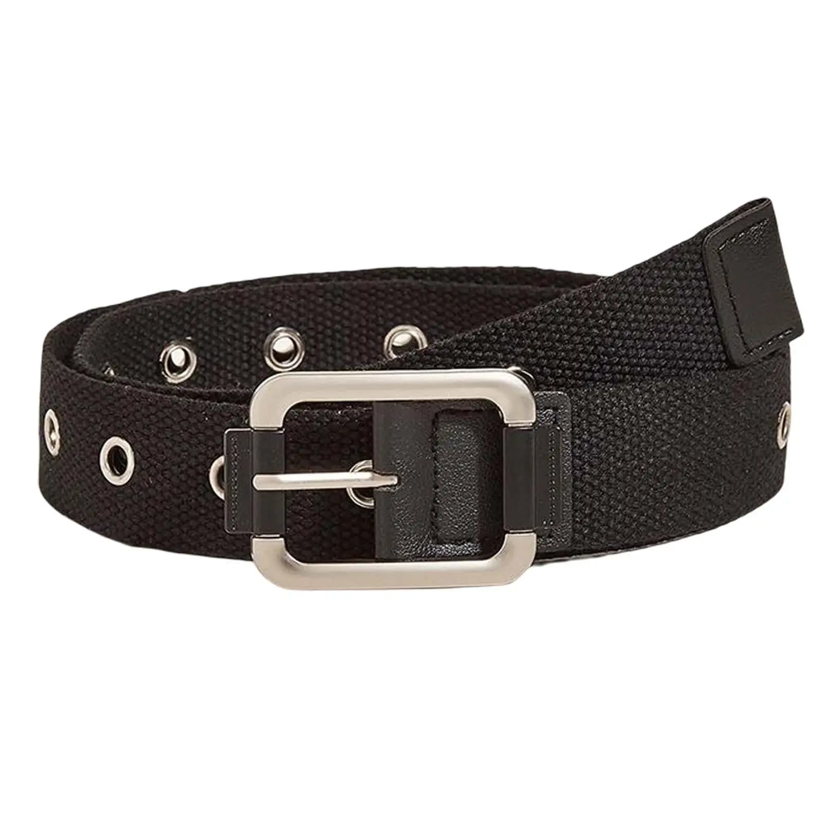 Women Men Waist Belt Casual Single Row Hole Black Canvas Decorative Adjustable