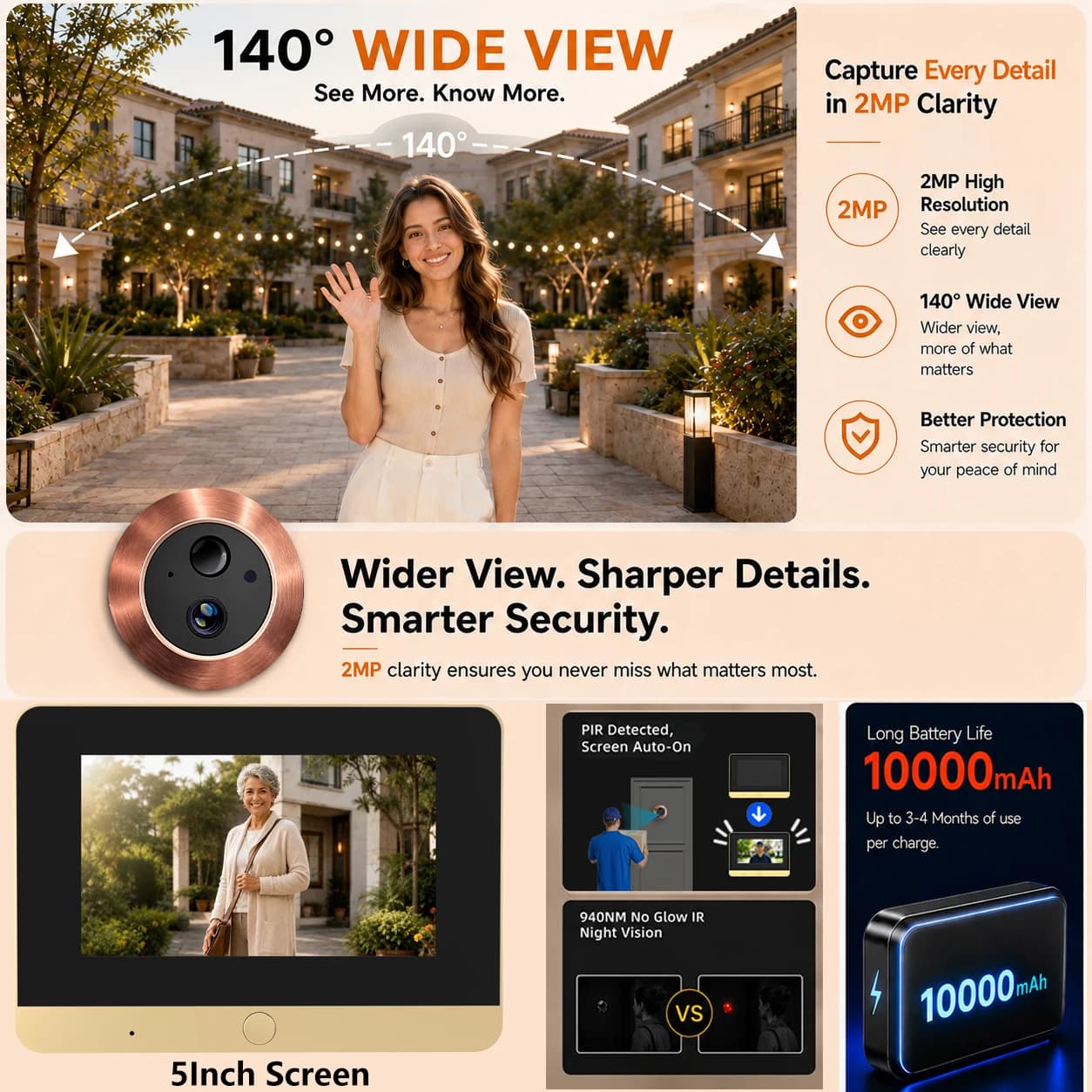 Tuya Smart 5Inch 10000mAh Battery PIR Detected Screen Auto-on Continuous Record Peephole Door Eye Camera Invisible Night Vision