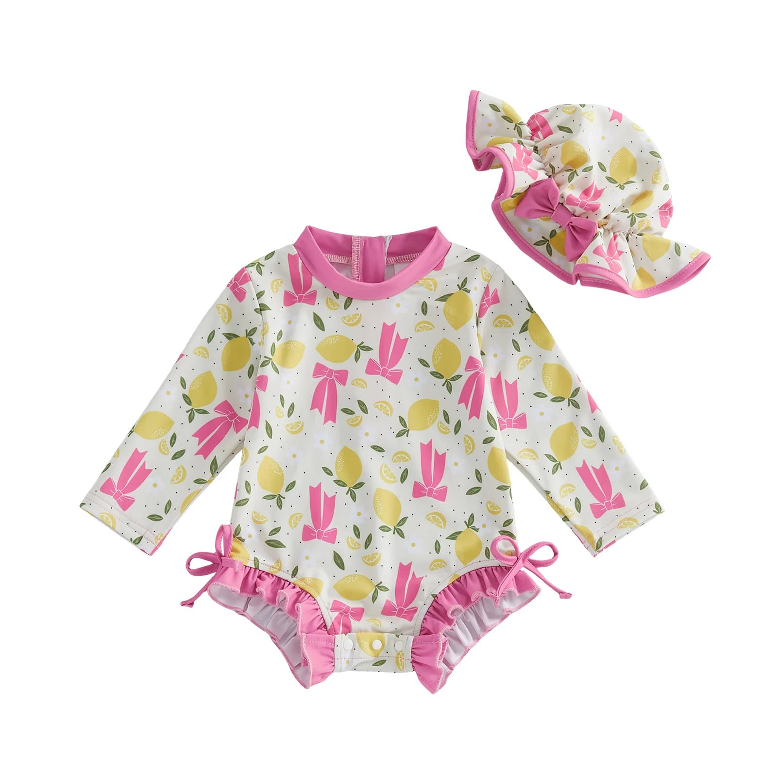 Set di costumi da bagno estivi per neonata, con fiocco di limone, fiore, rash guard, manica lunga, cerniera posteriore, costume da bagno, set di vestiti