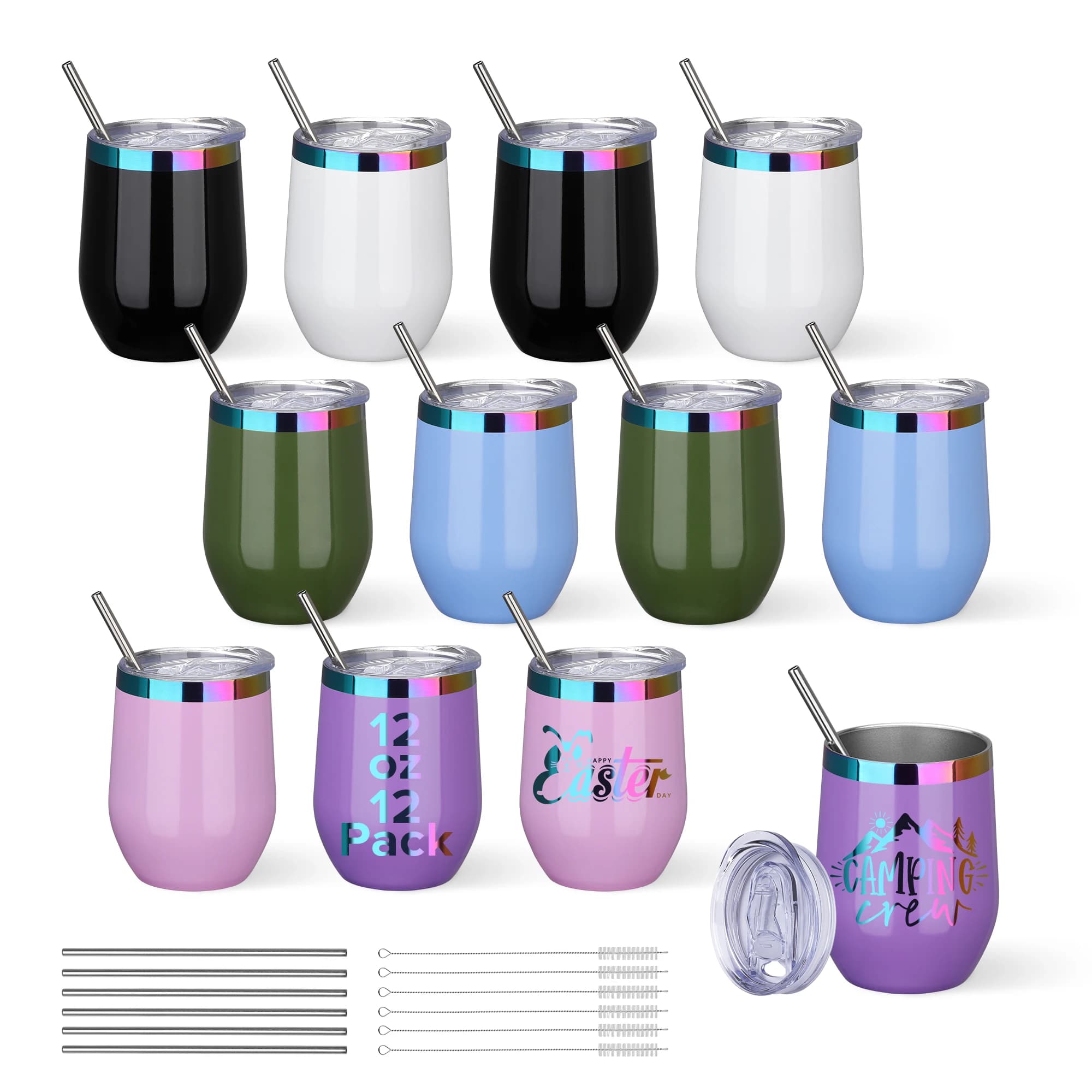 12 ounce stainless steel insulated double wall wine glasses package, for gifts with laser engraving, 6 colors
