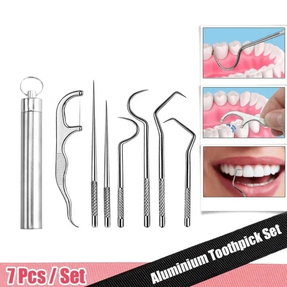 Set di Filo Interdentale Riutilizzabile in Acciaio Inossidabile, Stuzzicadenti per Pulizia Dentale, Strumento Portatile per Igiene Orale