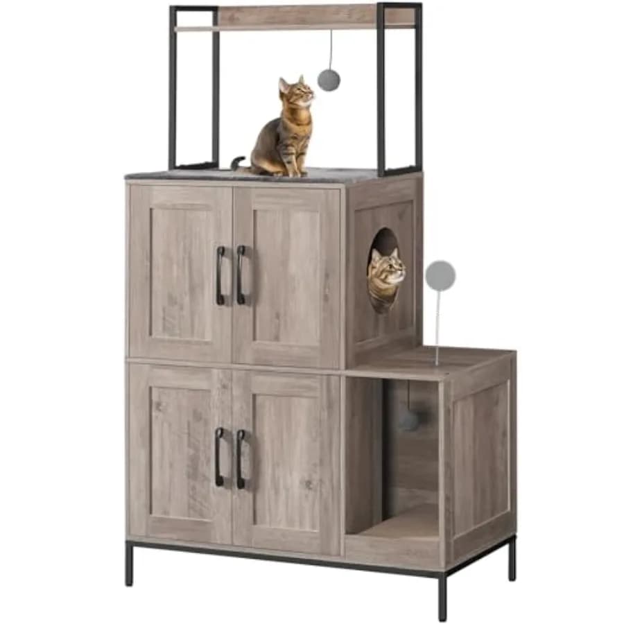 Cat Litter Box Enclosure Furniture For Home Use, Engineered Wood With Greige And Black Finish, 2-In-1 Hidden Design With Shelf