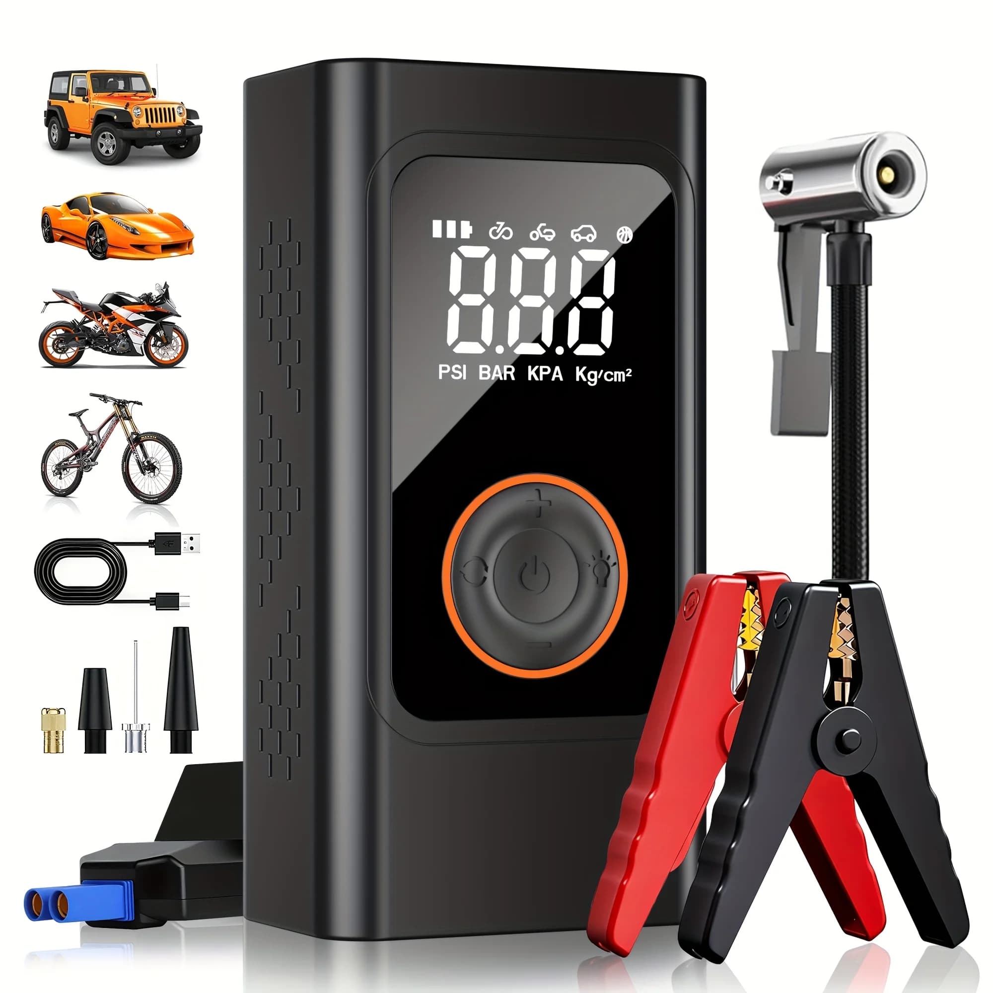 Avviatore di Emergenza con Compressore d'Aria, 150PSI, Portatile (8.0 Benzina/1.32gal Diesel), Avviatore per Batterie Auto 12V con Cavi Intelligenti, Luce LED, Display LCD