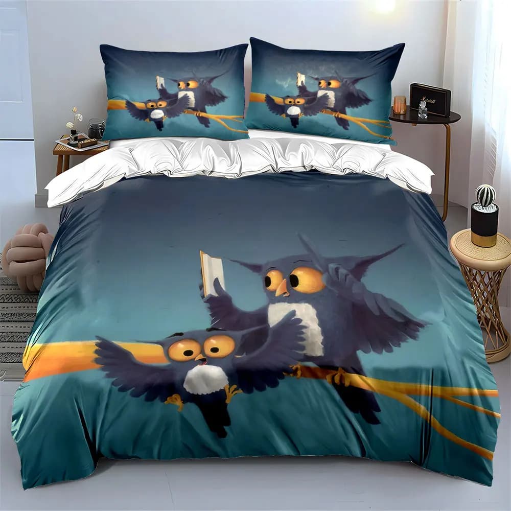 Set di decorazioni per la casa con famiglia di gufo dei cartoni animati, set di biancheria da letto morbido e confortevole con copripiumino, include 1 copripiumino e 2 federe, idea regalo