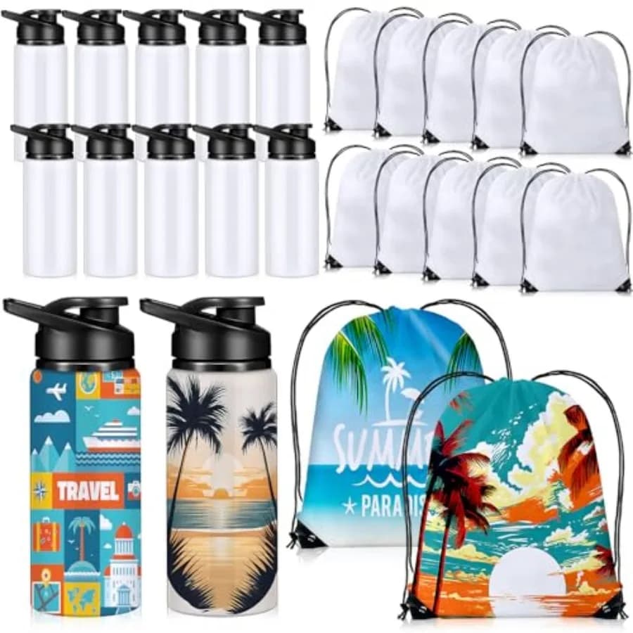 Set di 12 Bottiglie d'Acqua in Alluminio da 20 oz per Sublimazione e Sacche con Coulisse per Sublimazione, Bottiglia Sportiva in Metallo Bianco con Coulisse