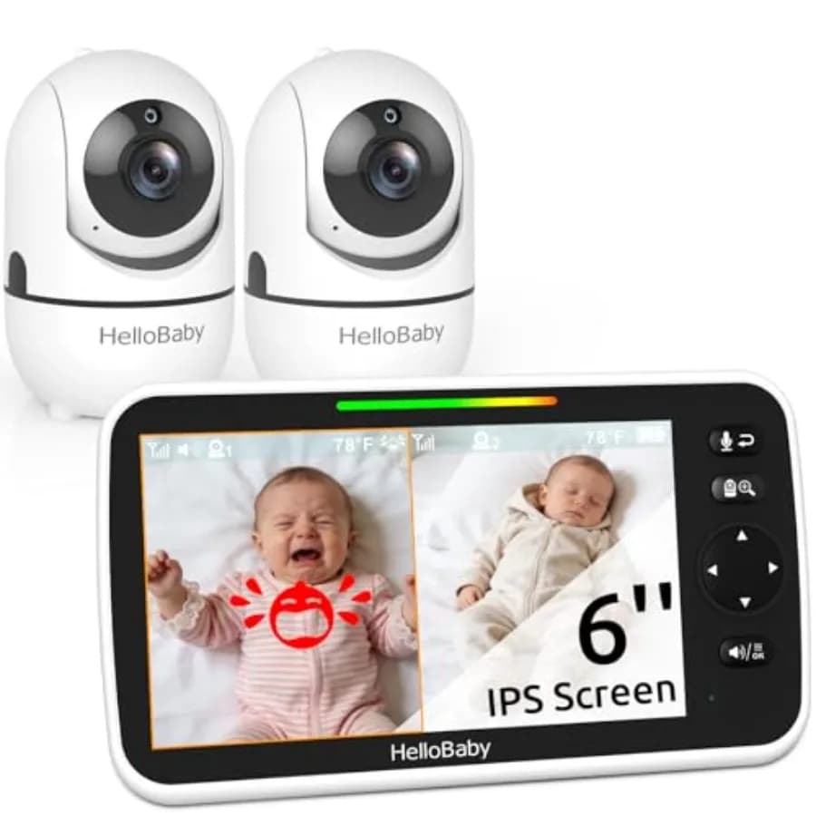 HelloBaby Baby Monitor con 2 Telecamere, Prima al Mondo con Schermo Diviso, Senza WiFi, Batteria 30H, Visione Notturna Pan-Tilt-Zoom 355°, VOX, 8 Melodie